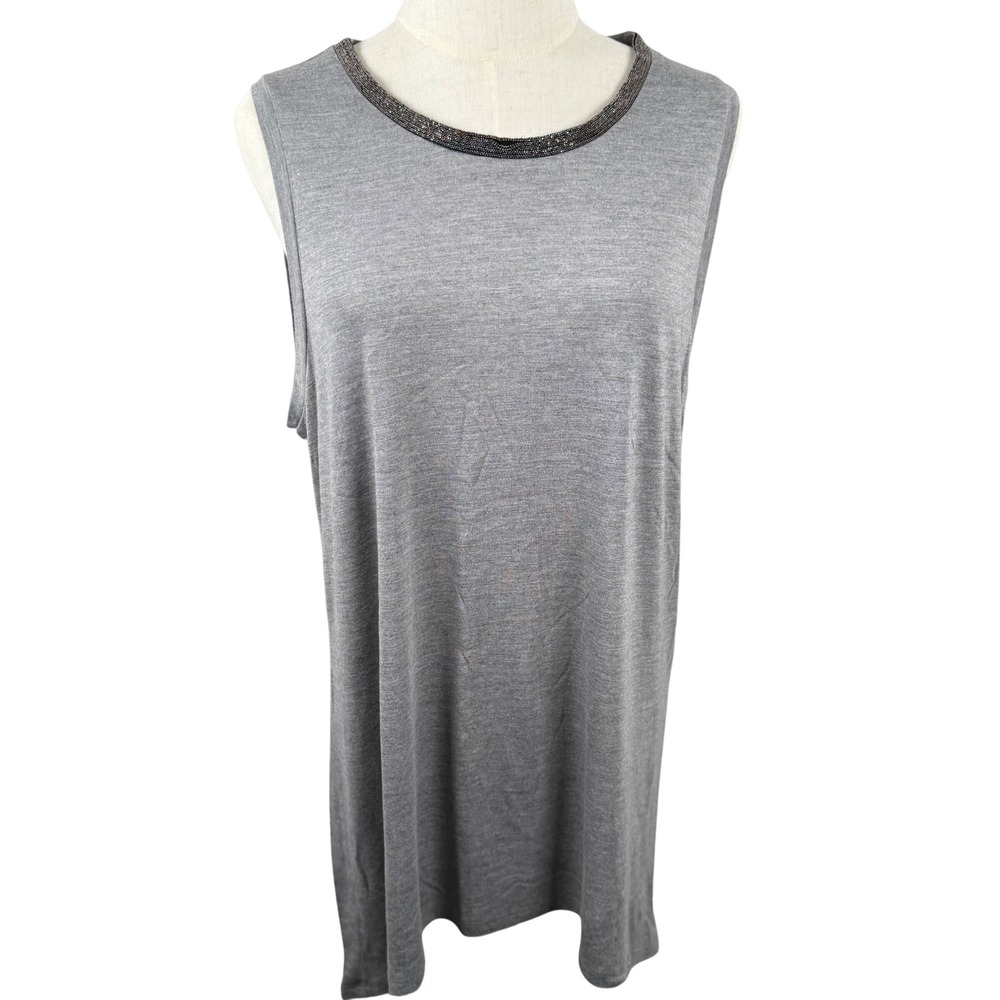 Mossimo Women XL Tunic Tank Grey Beaded Neckline High‎ Low Hem Retro Neutral GUC